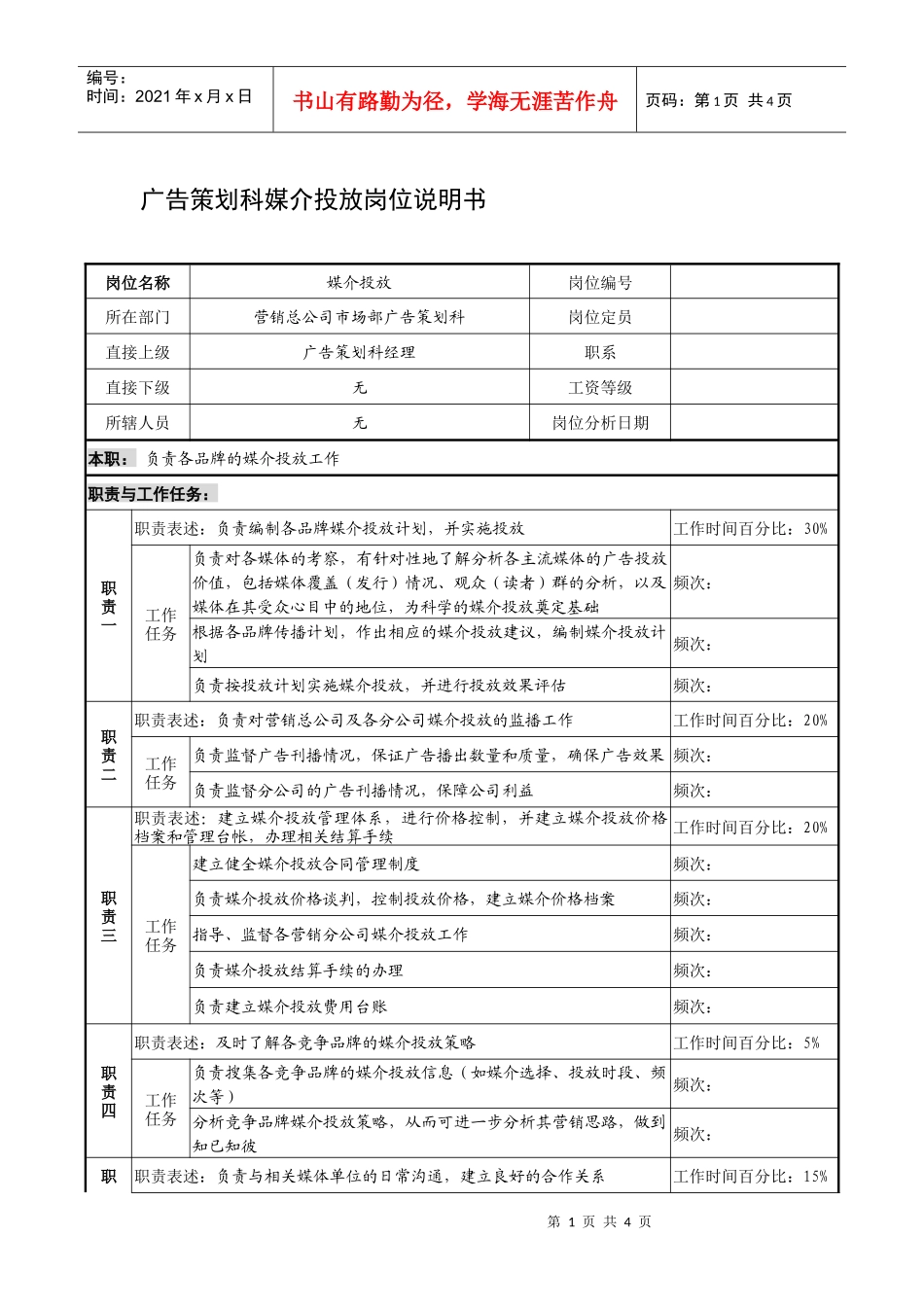 制鞋企业广告策划科媒介投放岗位说明书_第1页