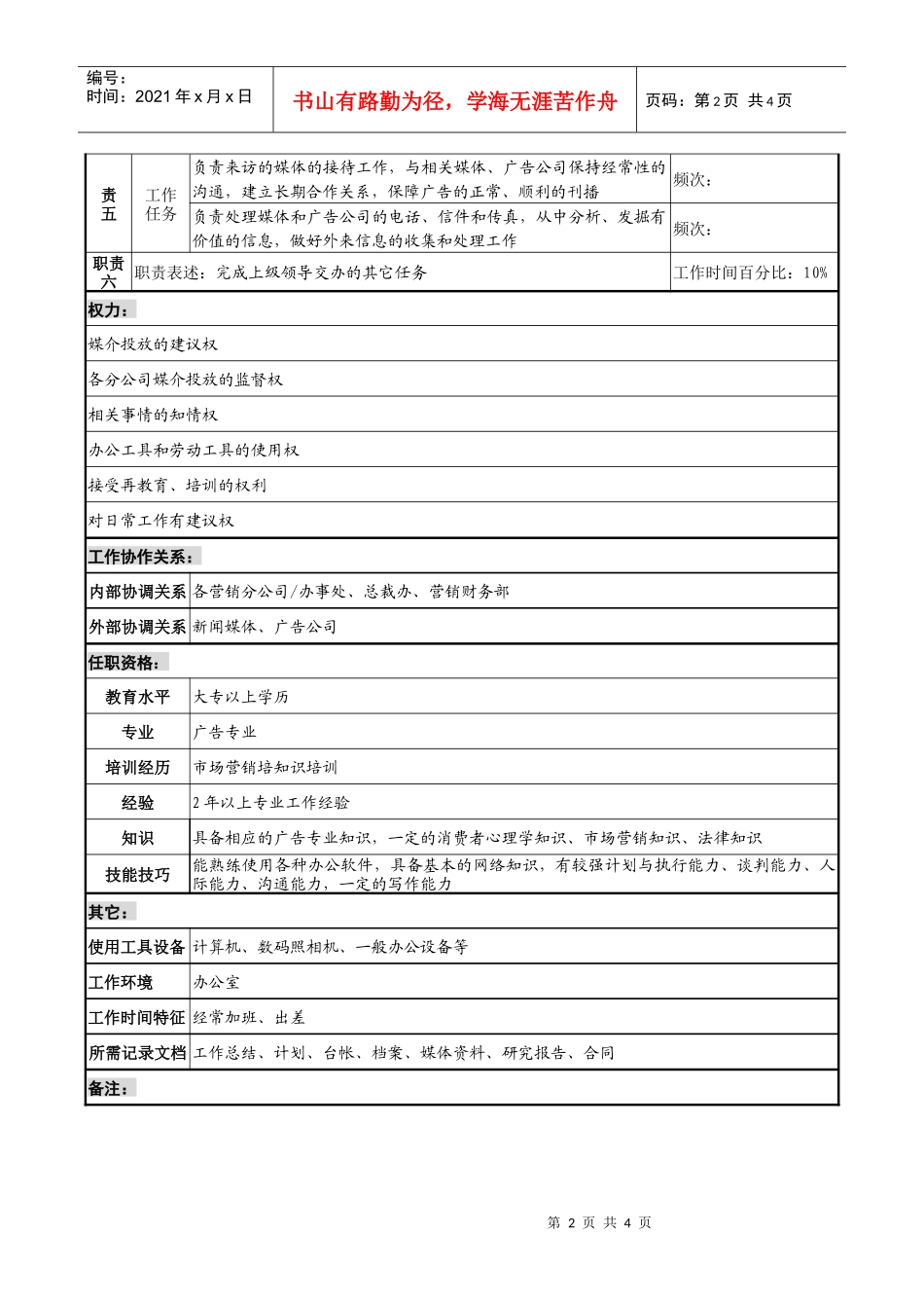 制鞋企业广告策划科媒介投放岗位说明书_第2页