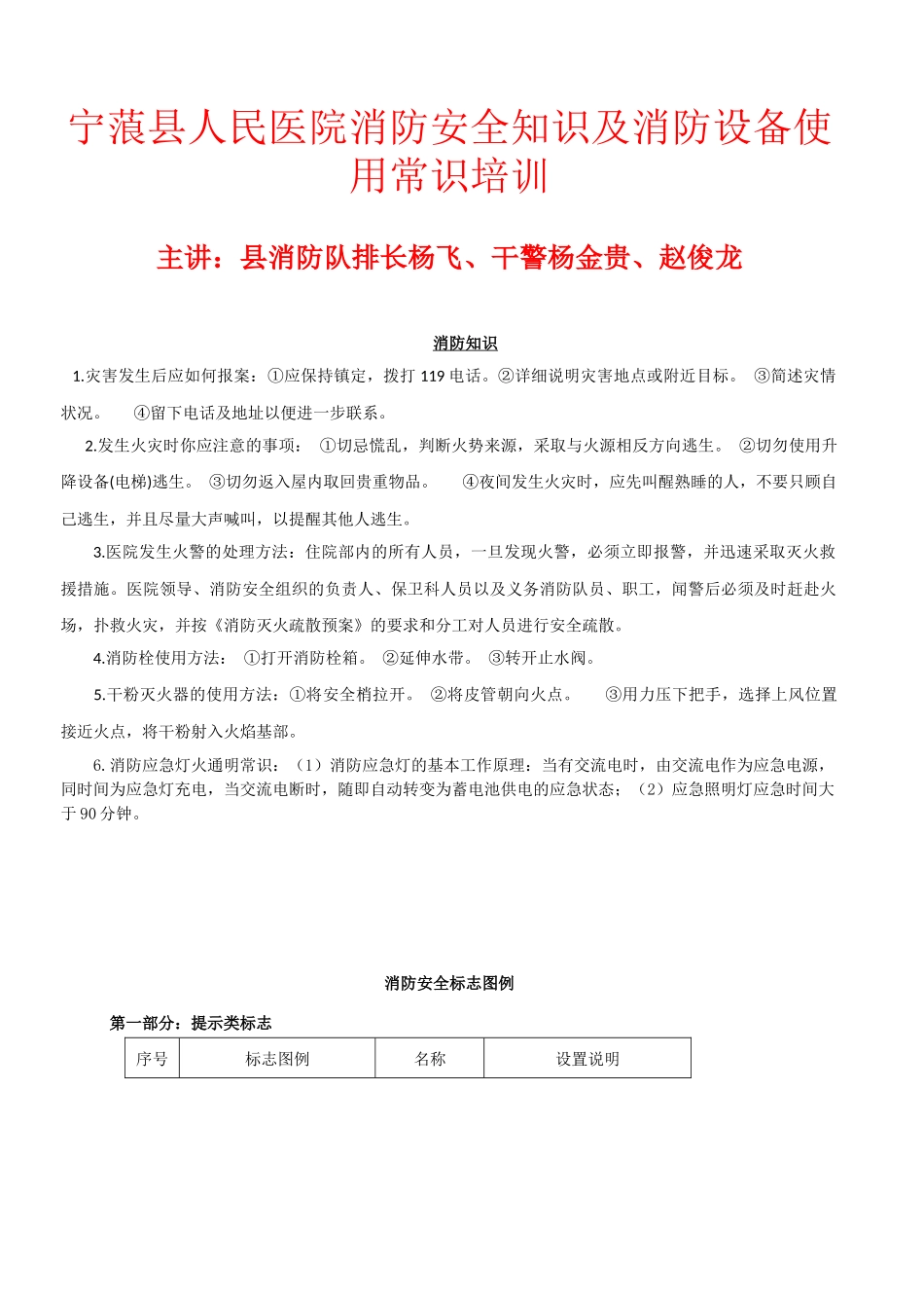 宁蒗县人民医院消防安全知识及消防设备使用常识培训_第1页