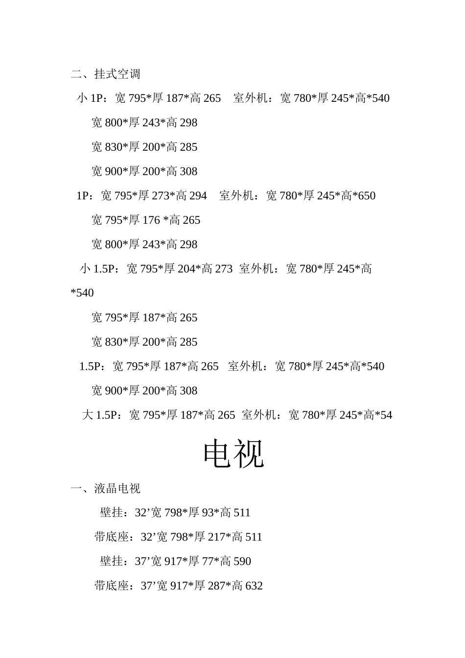常用家具电器尺寸表内容_第3页