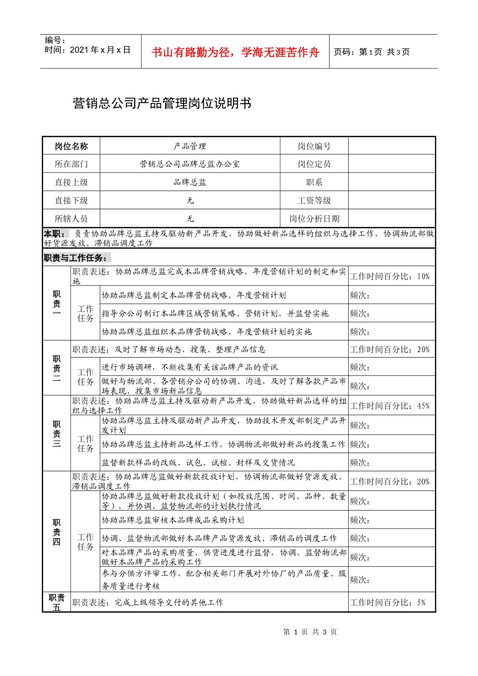 制鞋企业营销总公司产品管理岗位说明书_第1页