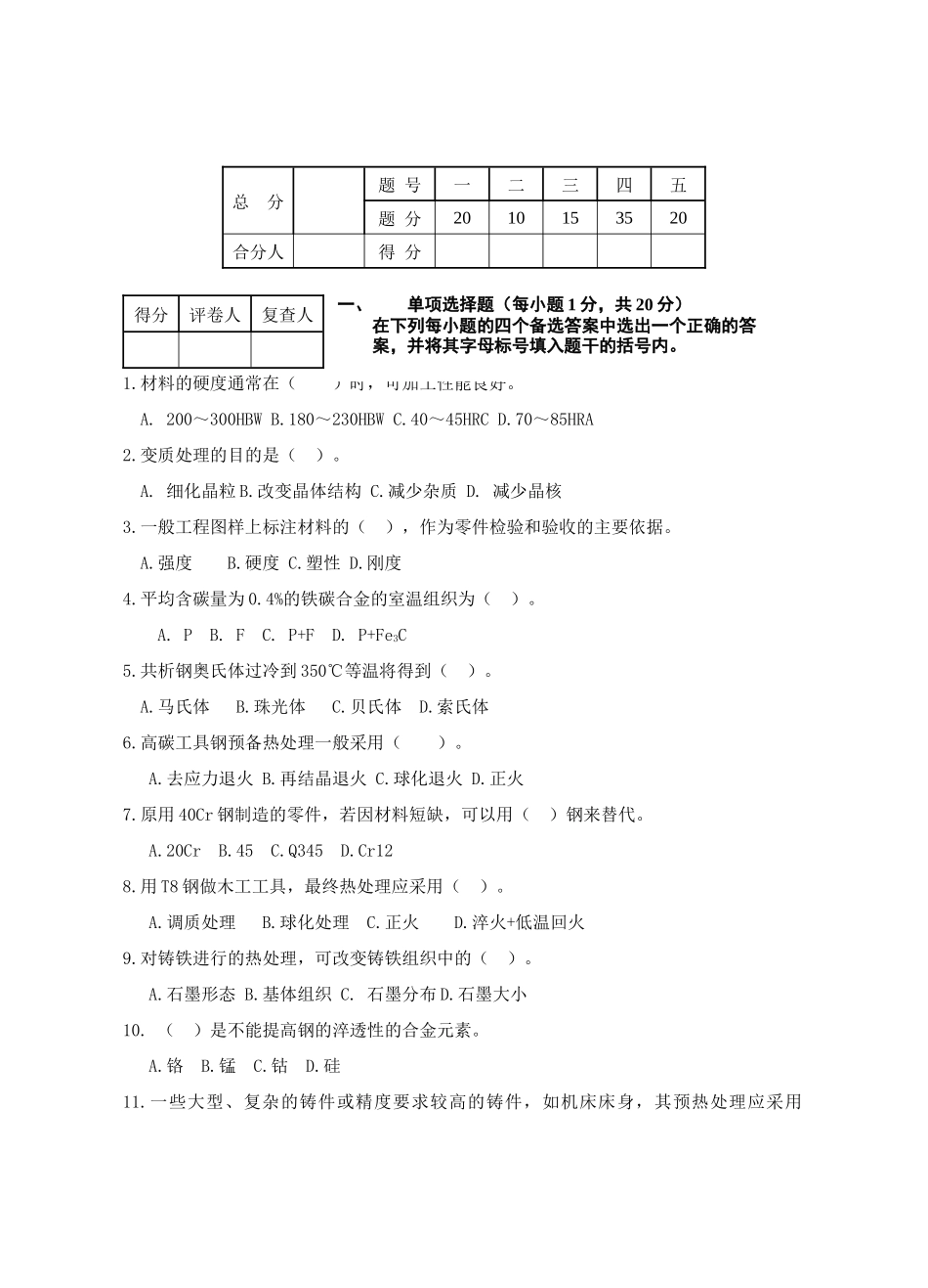 工艺工程材料与热处理考试试题_第1页
