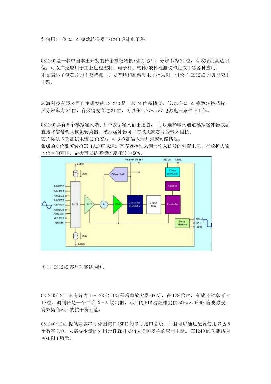 如何用24位-模数转换器CS1240设计电子秤_第1页