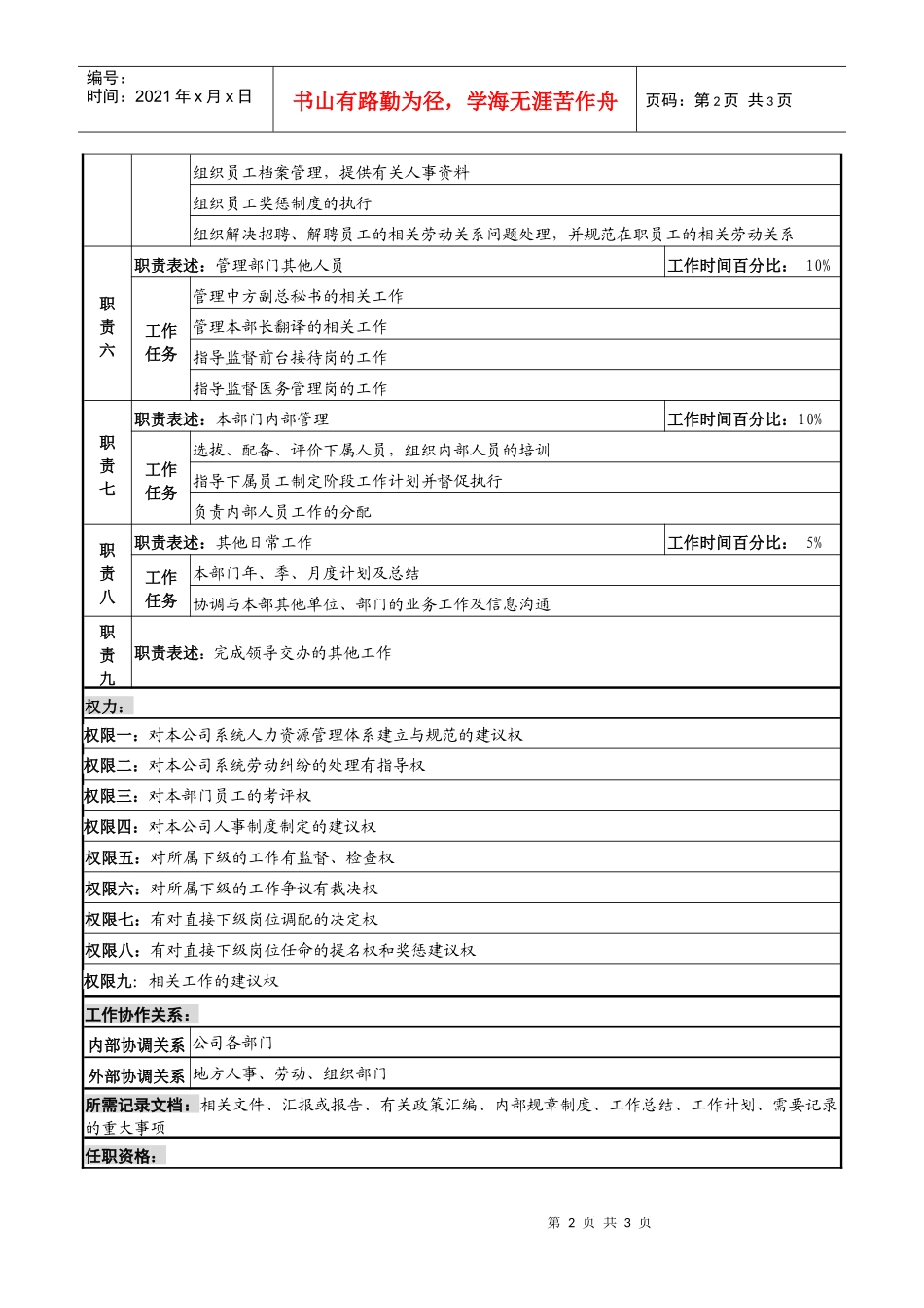 化妆品公司经营管理本部副本部长岗位说明书_第2页