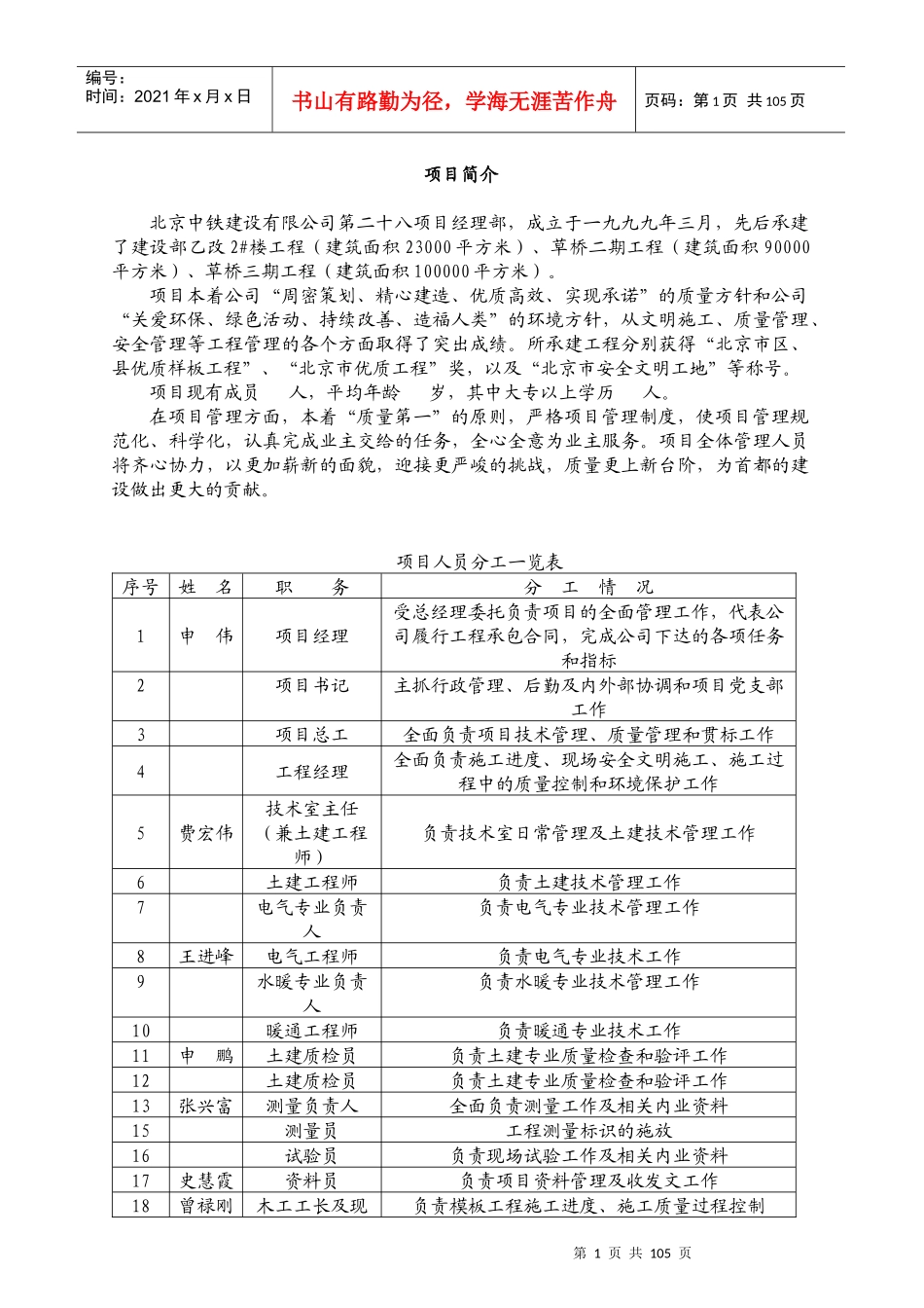 北京中铁建设工程项目部责任制手册_第1页