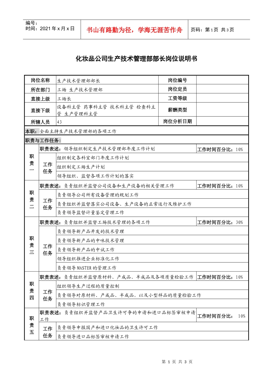 化妆品公司生产技术管理部部长岗位说明书_第1页