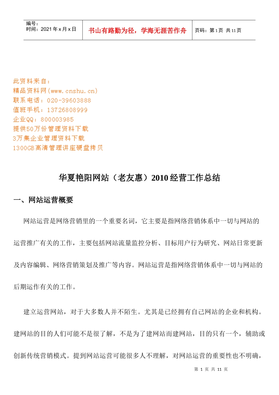 华夏艳阳网站年度经营工作总结_第1页