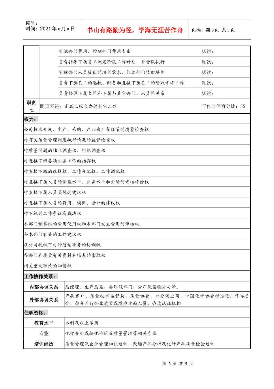 化纤企业总部质量管理部经理职务说明书_第3页