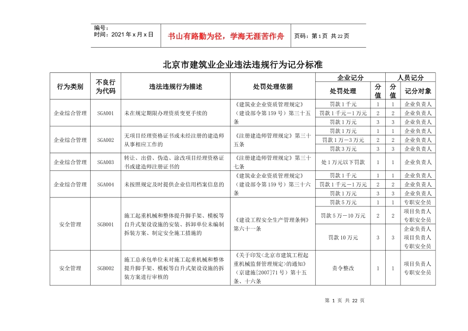 北京市建筑业企业违法违规行为记分标准_第1页