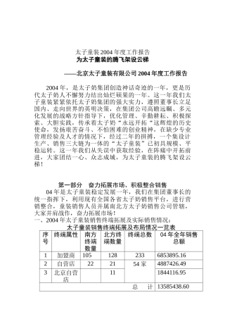 北京太子童装有限公司年度工作报告