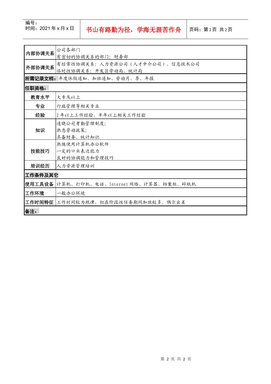 化妆品公司薪酬管理岗岗位说明书_第2页