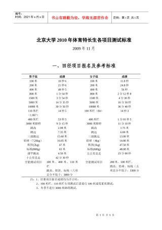 北京大学XXXX年体育特长生各项目测试标准