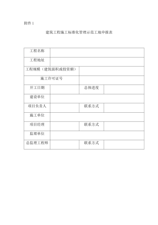 建筑工程施工标准化管理示范工地申报表