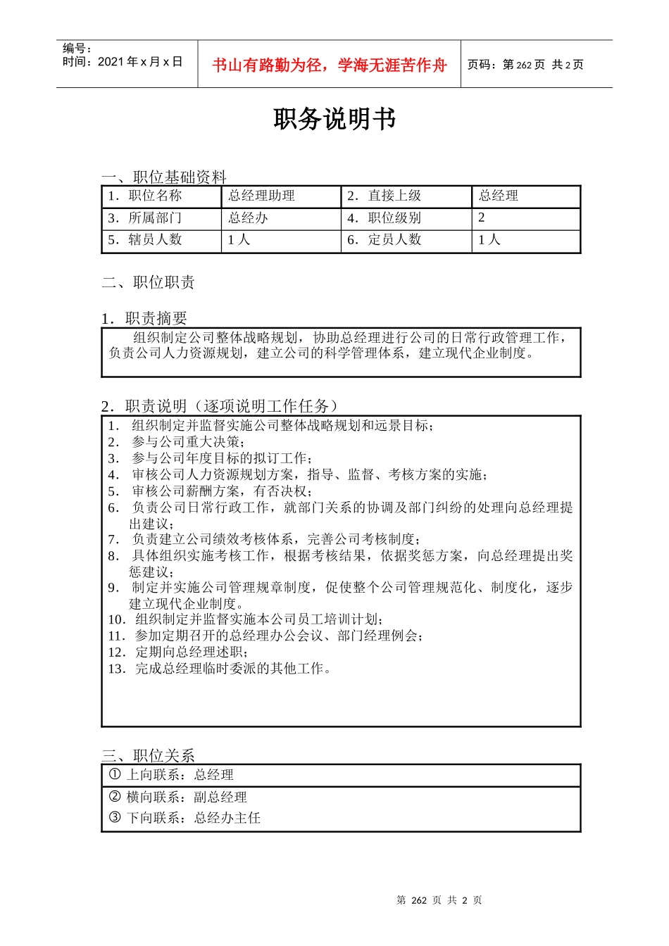 北京欣和投资管理有限责任公司管理咨询报告总经理助理_第1页