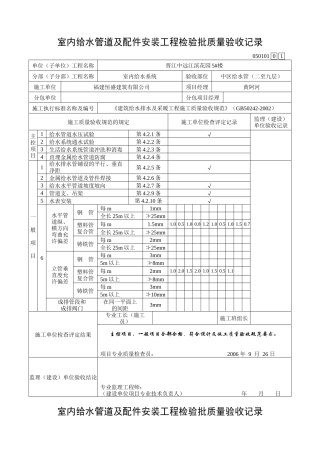 室内给水管道及配件安装工程检验批质量验收记录