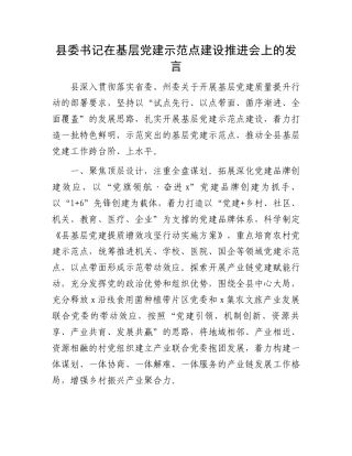 县委书记在基层党建示范点建设推进会上的发言