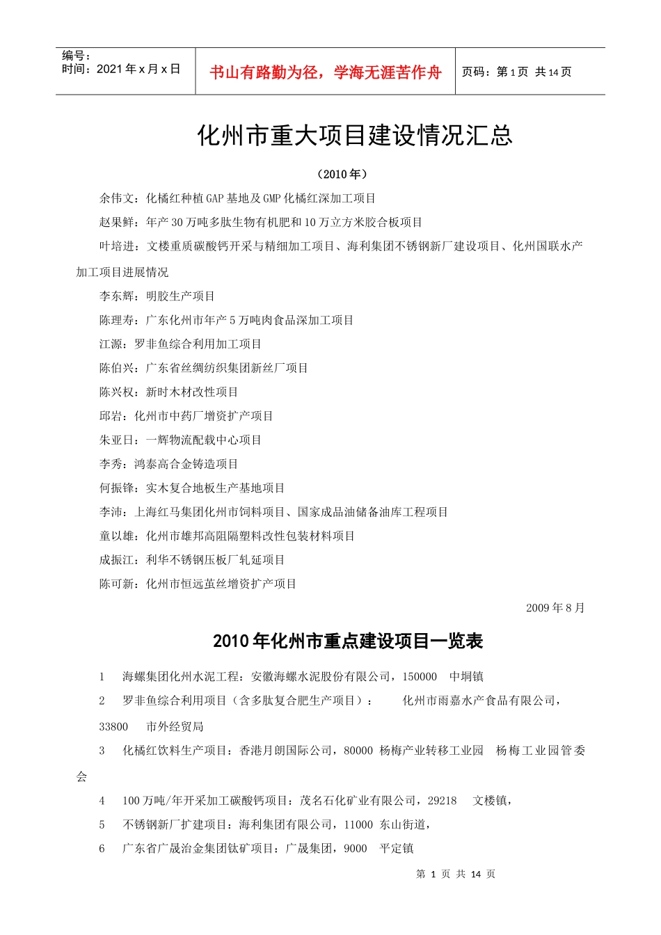 化州市重大项目建设情况汇总XXXX_第1页