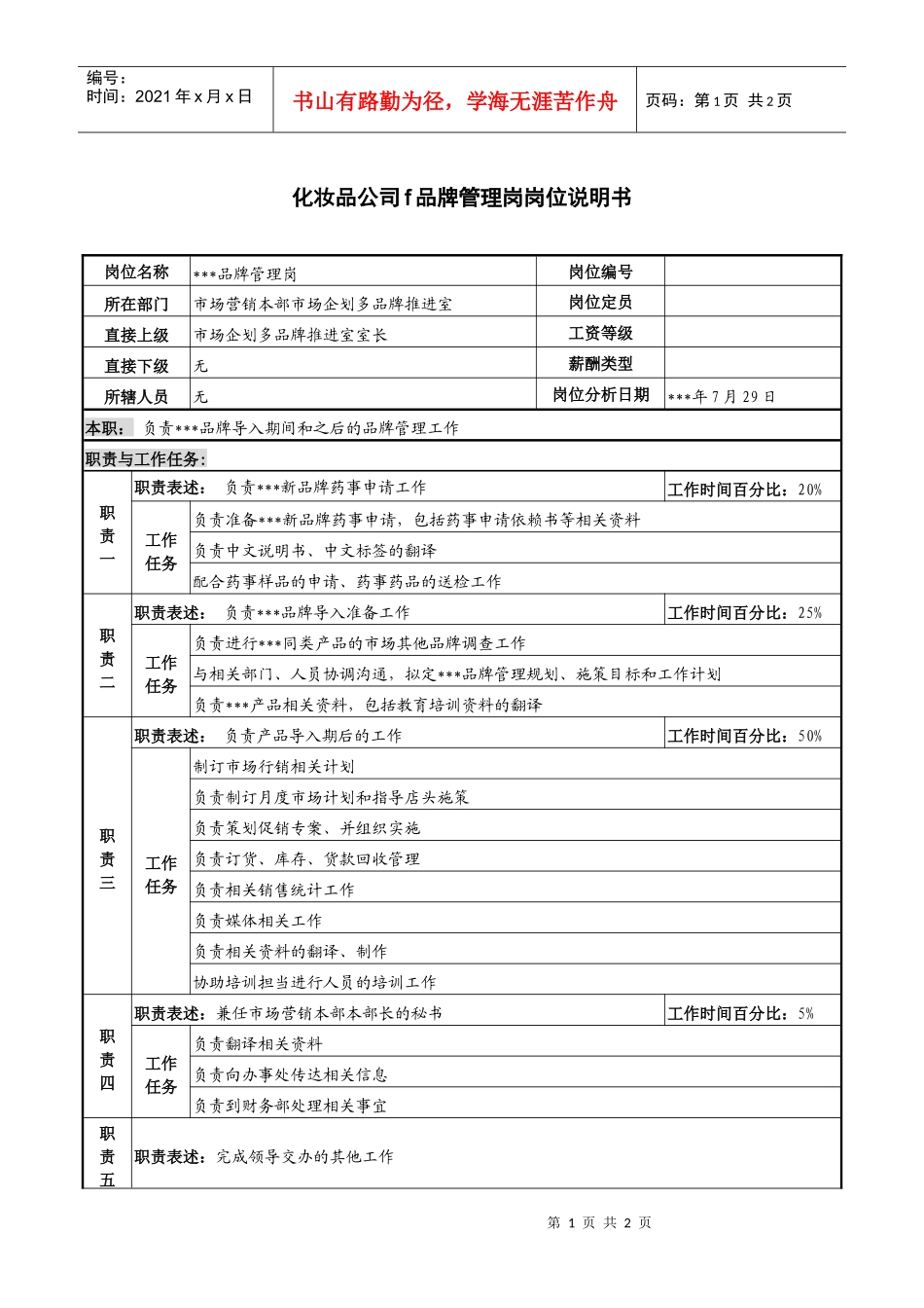 化妆品公司f品牌管理岗岗位说明书_第1页