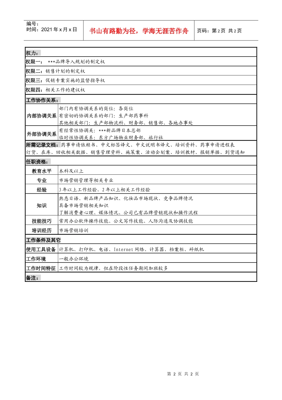 化妆品公司f品牌管理岗岗位说明书_第2页