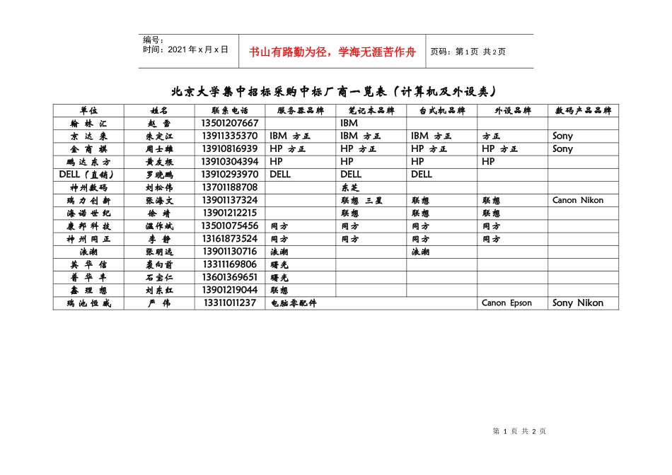 北京大学集中招标采购中标厂商一览表（计算机及外设类）_第1页