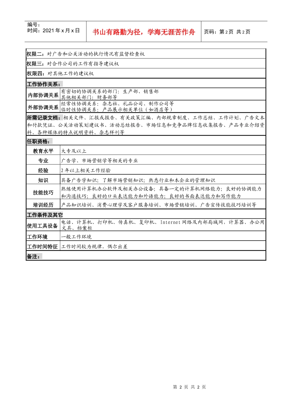化妆品公司某品牌公关宣传担当岗位说明书_第2页