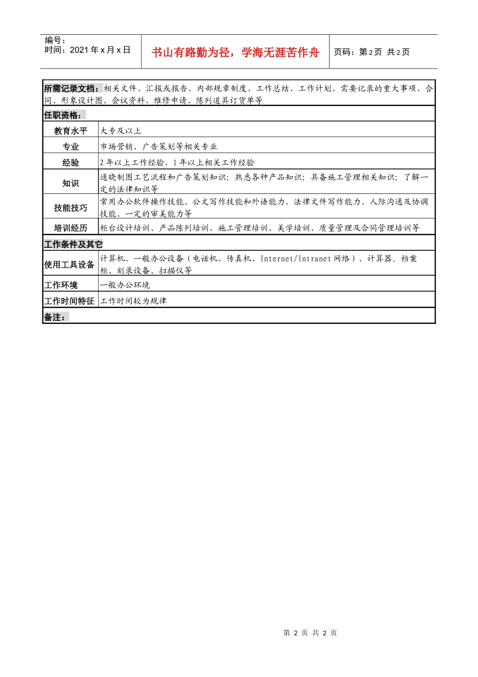 化妆品公司b品牌柜台形象柜台担当岗位说明书_第2页