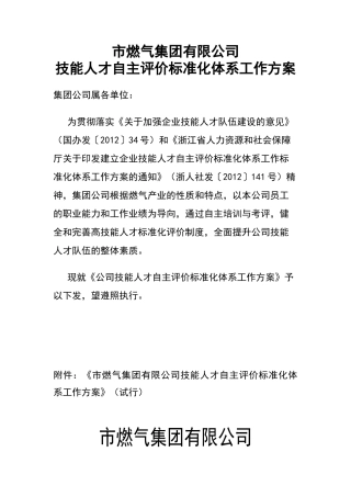 市燃气集团有限公司技能人才自主评价标准化体系工作方案
