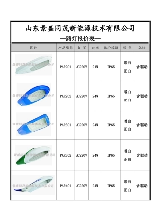 山东某新能源技术公司路灯报价表