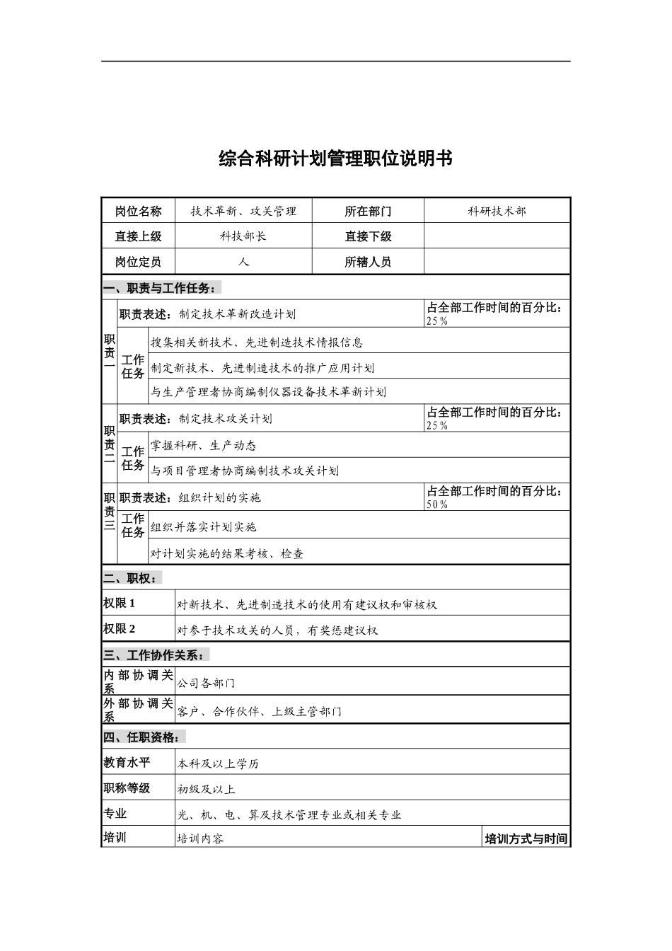 华北光学仪器公司科研技术部综合科研计划管理职位说明书_第1页