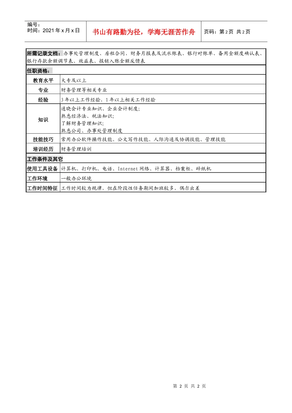 化妆品公司办事处财务管理岗岗位说明书_第2页