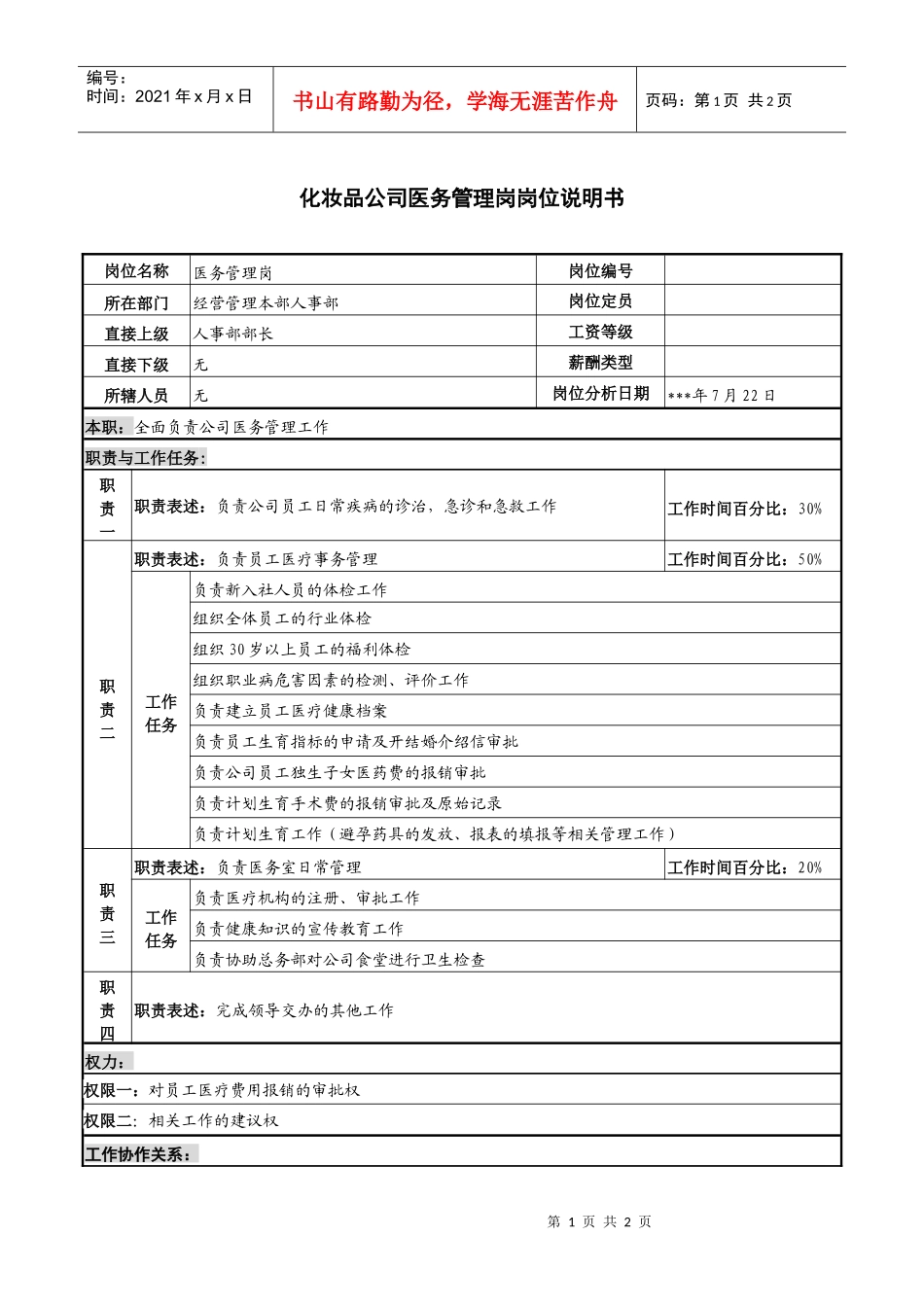 化妆品公司医务管理岗岗位说明书_第1页