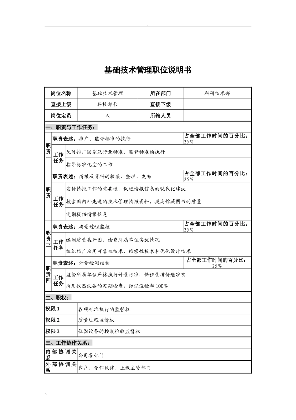 华北光学仪器公司科研技术部基础技术管理职位说明书_第1页