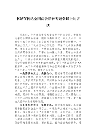 书记在传达全国两会精神专题会议上的讲话