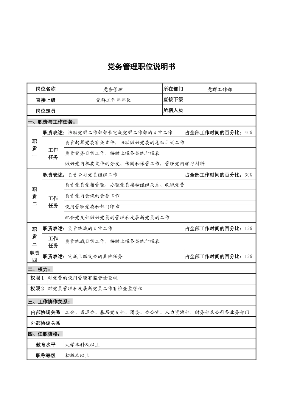 华北光学仪器公司党群工作部党务管理职位说明书_第1页