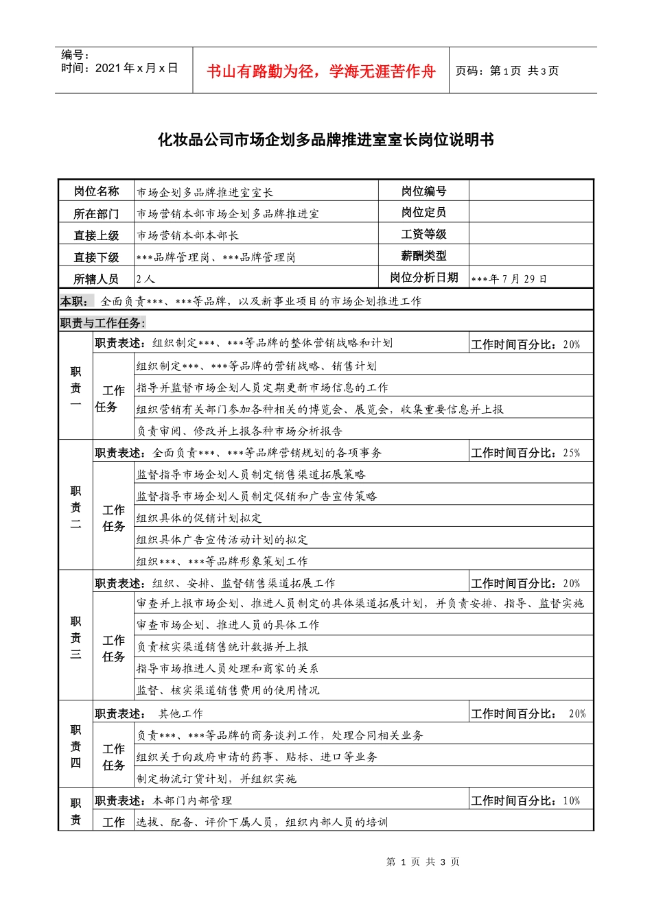 化妆品公司市场企划多品牌推进室室长岗位说明书_第1页