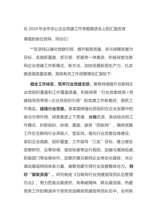 在2024年全市非公企业党建工作专题推进会上的汇报发言