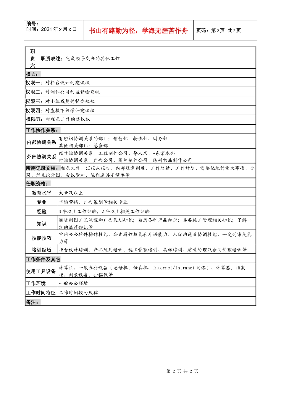 化妆品公司柜台形象科主管岗位说明书_第2页