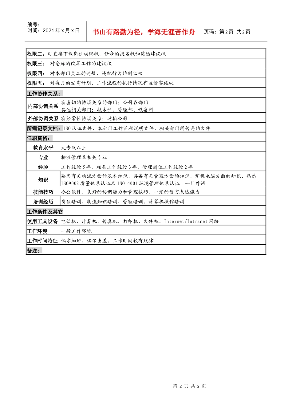 化妆品公司物流科主管岗位说明书_第2页