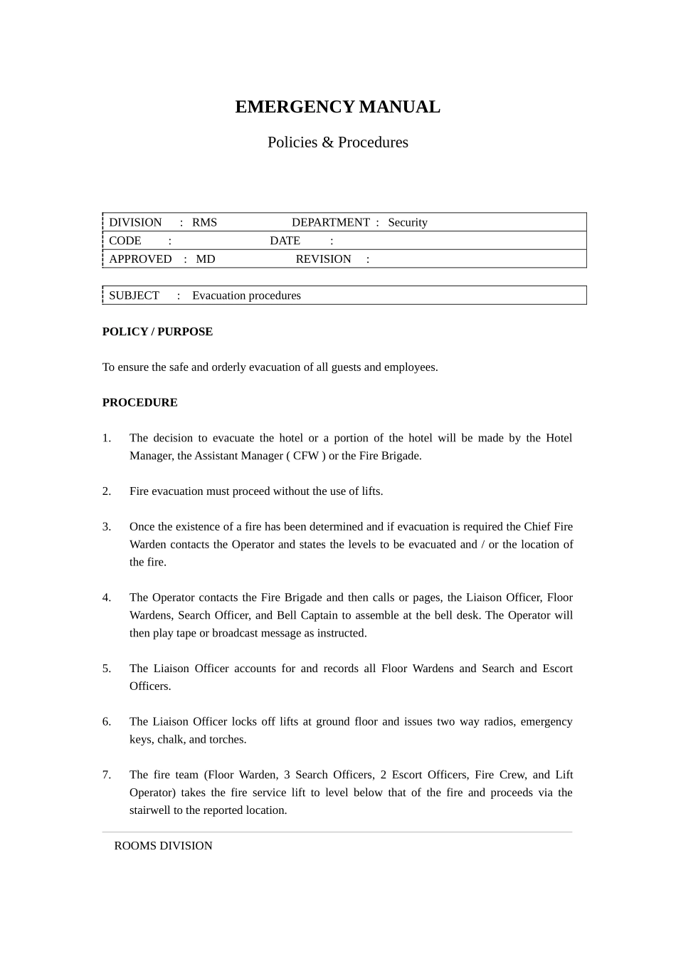 国际著名酒店安全部程序（英文）Evacuation procedures_第1页