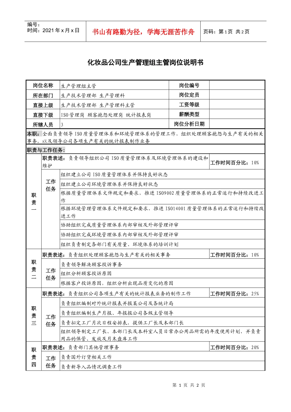 化妆品公司生产管理组主管岗位说明书_第1页