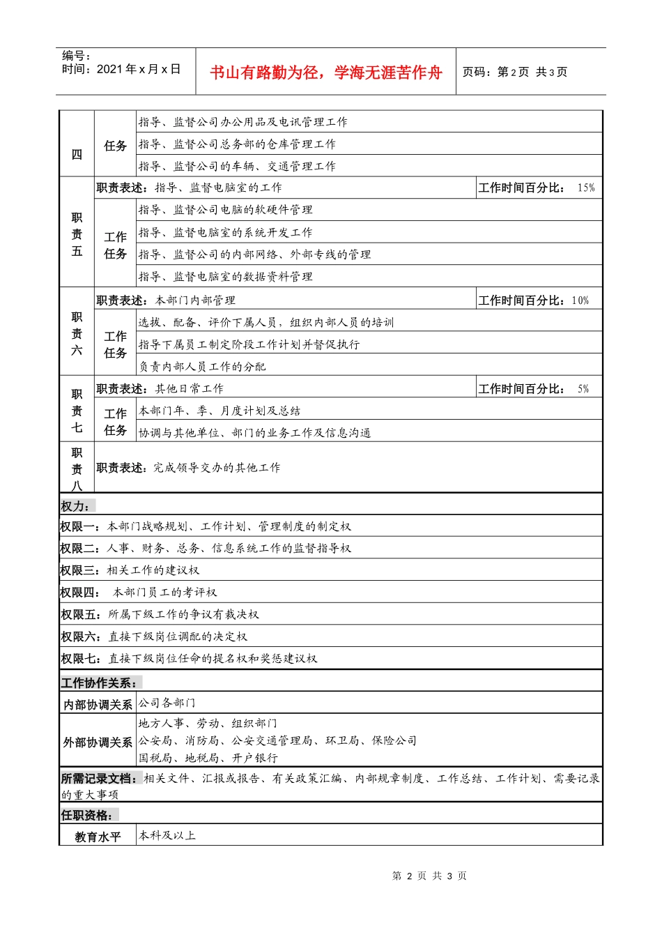 化妆品企业经营管理本部本部长岗位说明书_第2页