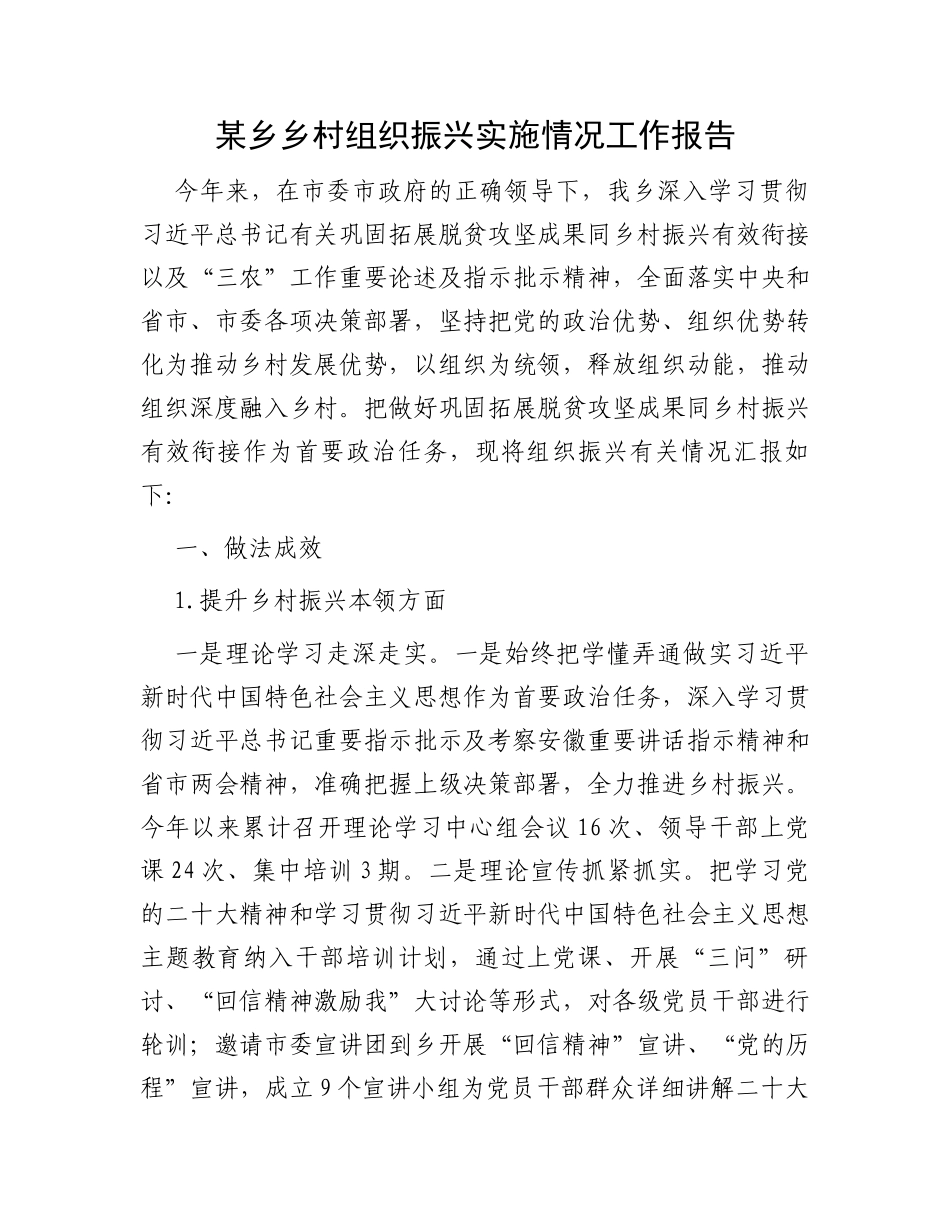 某乡乡村组织振兴实施情况工作报告_第1页