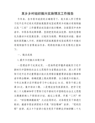 某乡乡村组织振兴实施情况工作报告