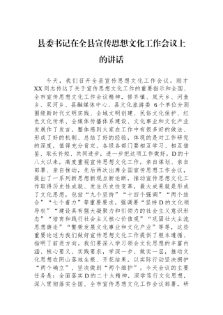 县委书记在全县宣传思想文化工作会议上的讲话