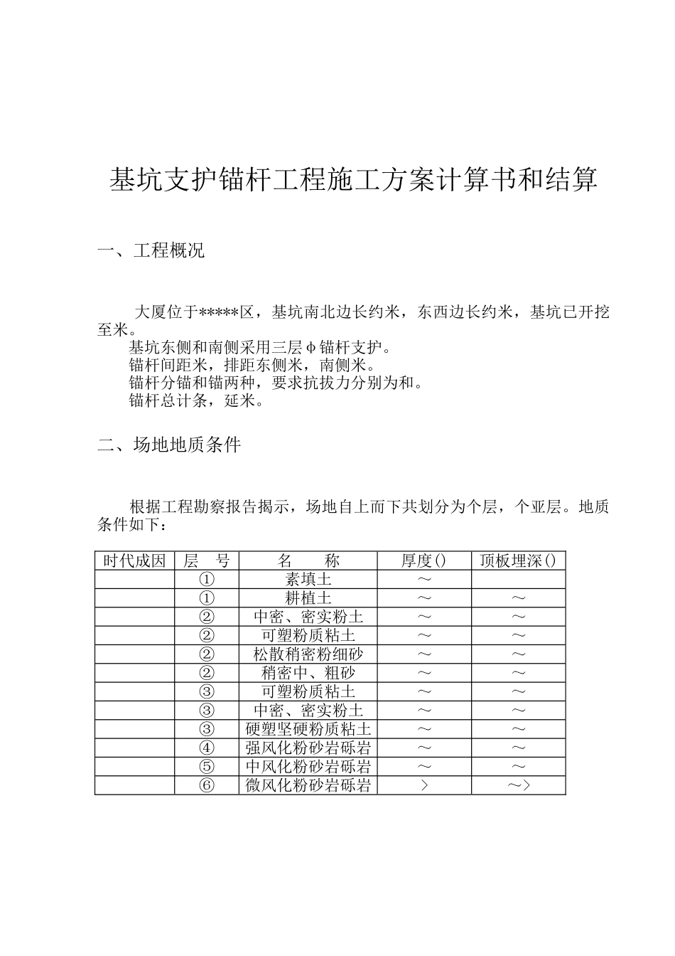 基坑支护锚杆工程施工组织设计方案计算书和结算(15页)_第1页