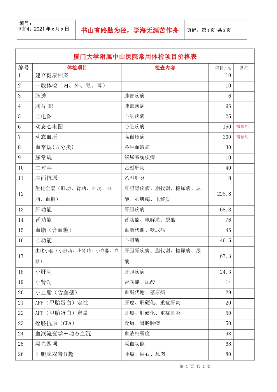 厦门中山医院常用体检项目价格表-99健康网_第1页