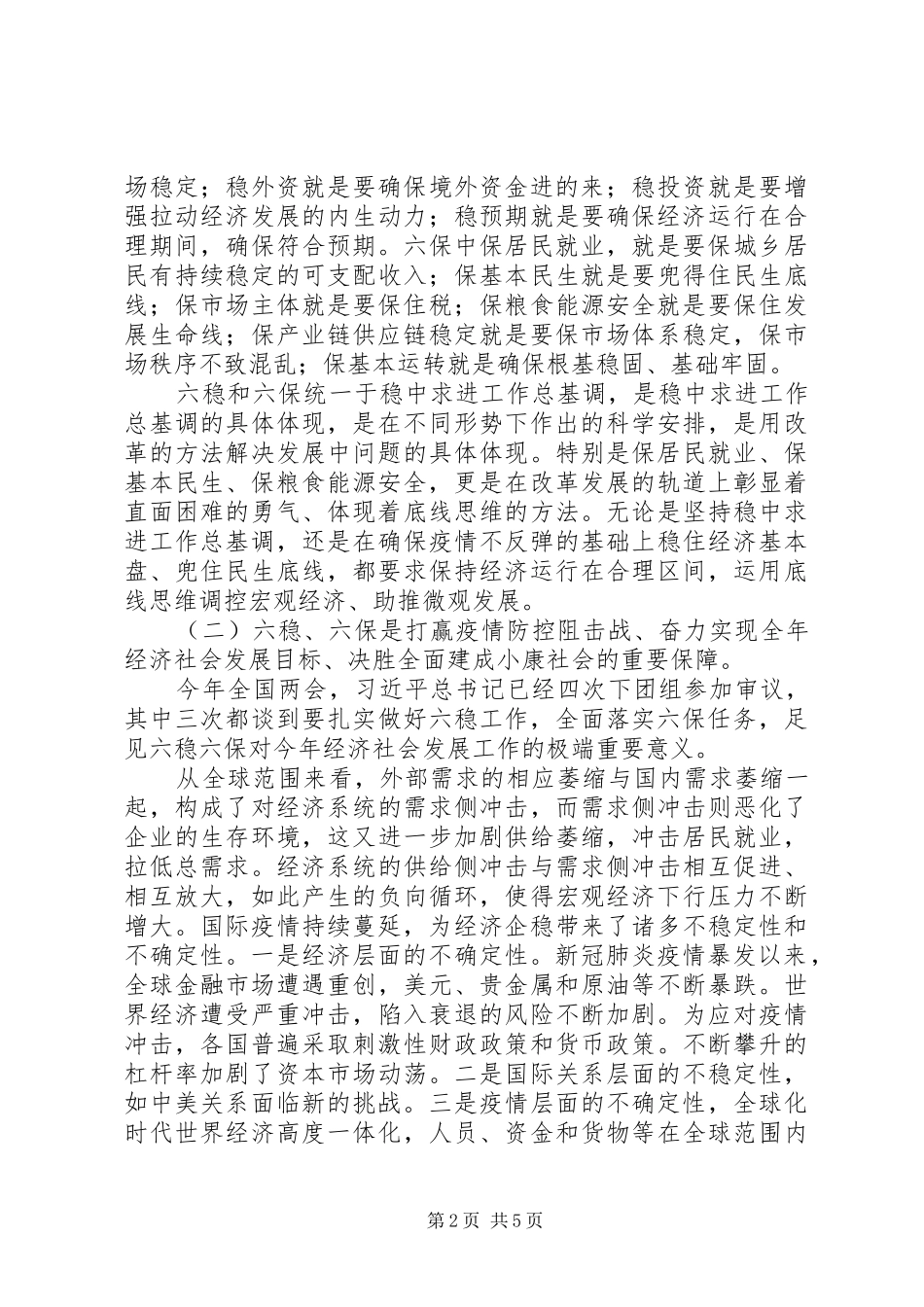 关于“六稳”“六保”工作情况的发言稿_第2页