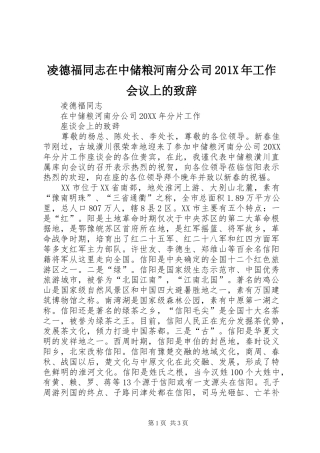 凌德福同志在中储粮河南分公司201X年工作会议上的演讲致辞