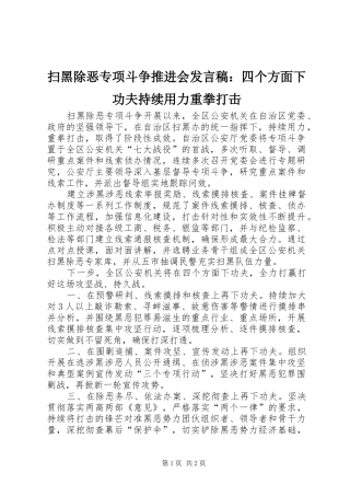 扫黑除恶专项斗争推进会发言：四个方面下功夫持续用力重拳打击