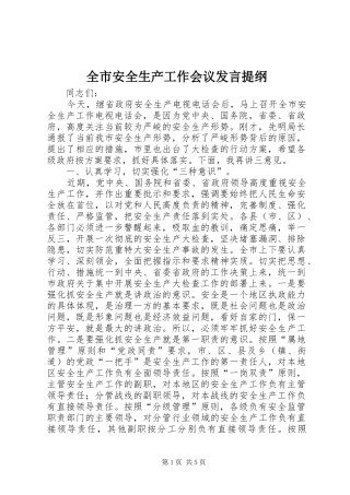 全市安全生产工作会议发言提纲材料